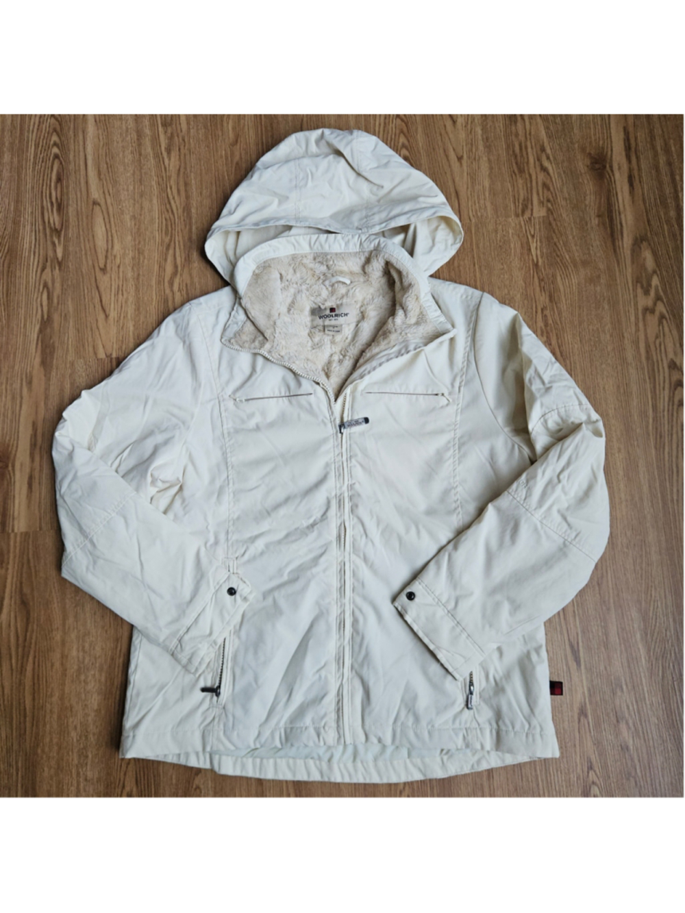 Woolrich Cream Moccassin Faux Fur Lined Full Zip Hooded Jacket Womens Medium